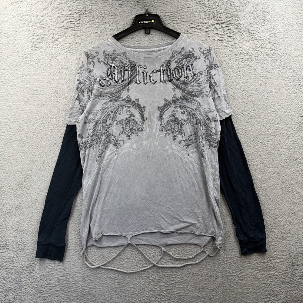 Affliction Shirt Mens XL Gray Gothic Scroll Tattoo Long Sleeve Layered Tee